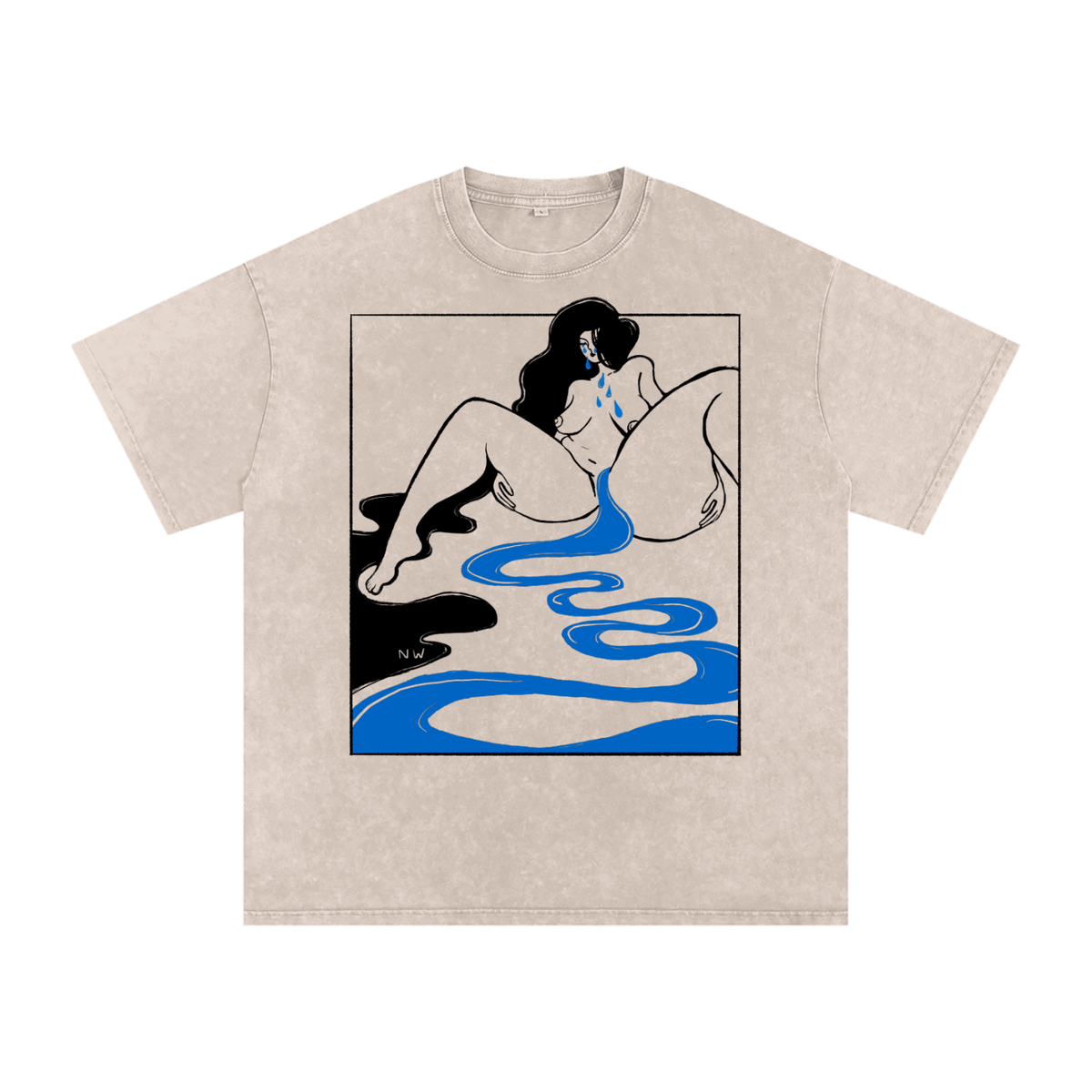 "Too Much" acid-washed heavyweight cotton tee by ArtistNatalie, front view