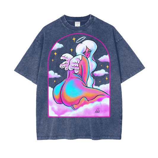 "Too Good For This World" acid-washed cotton tee by ArtistNatalie, front view