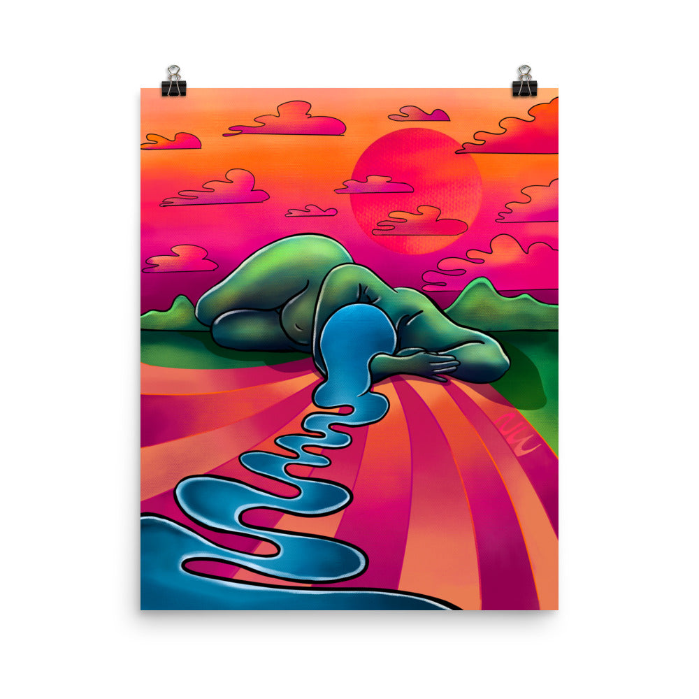 "Unwinding River" art print by ArtistNatalie, framed in a room setting