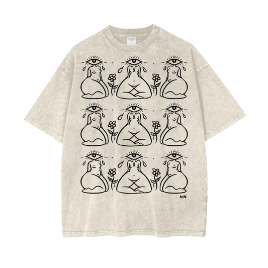 "Everywhere I Look" acid-washed heavyweight cotton tee by ArtistNatalie, front view
