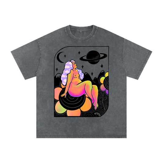 "Cosmic Wonder" acid-washed heavyweight cotton tee by ArtistNatalie, front view