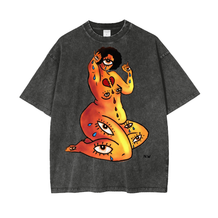 "Witnessing I" acid-washed heavyweight cotton tee by ArtistNatalie, front view