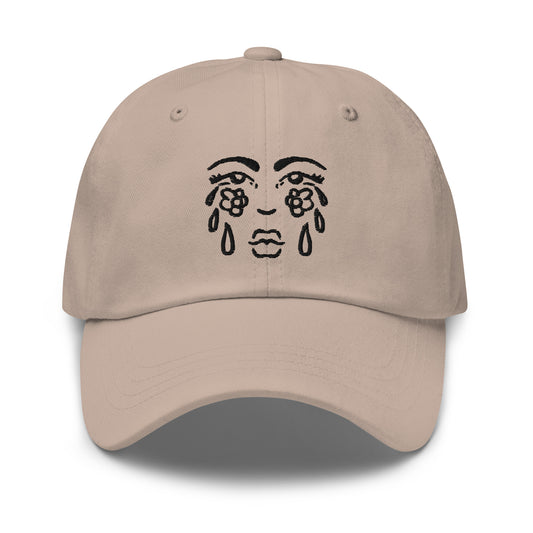 "Cry Face" embroidered dad hat by ArtistNatalie, front view