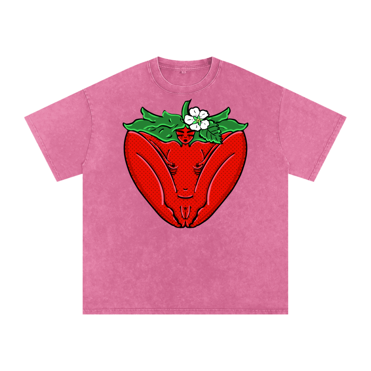 "Strawberry" acid-washed heavyweight cotton tee by ArtistNatalie, detail view