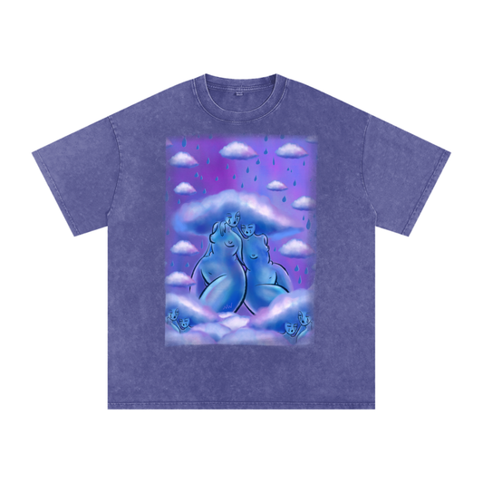 "Cloud Girls Club" acid-washed heavyweight cotton tee by ArtistNatalie, front view