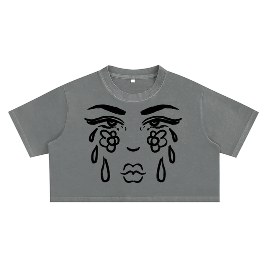 "Cry Face" cloudwash ultra crop tee by ArtistNatalie, front view