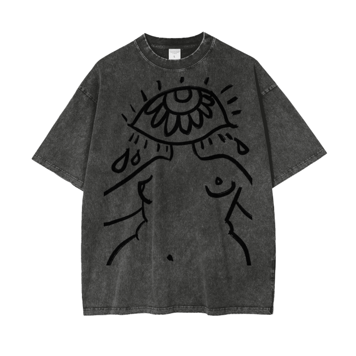 "Eye Am" acid-washed heavyweight cotton tee by ArtistNatalie, detail view
