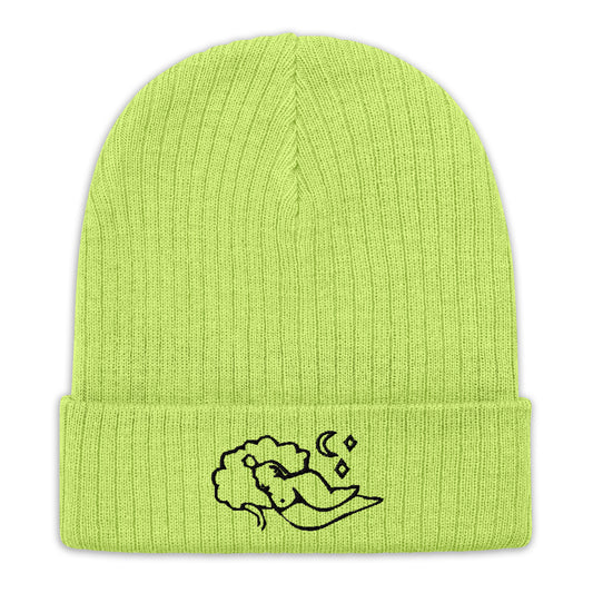 "Mirror in the Sky" ribbed knit beanie by ArtistNatalie, front view
