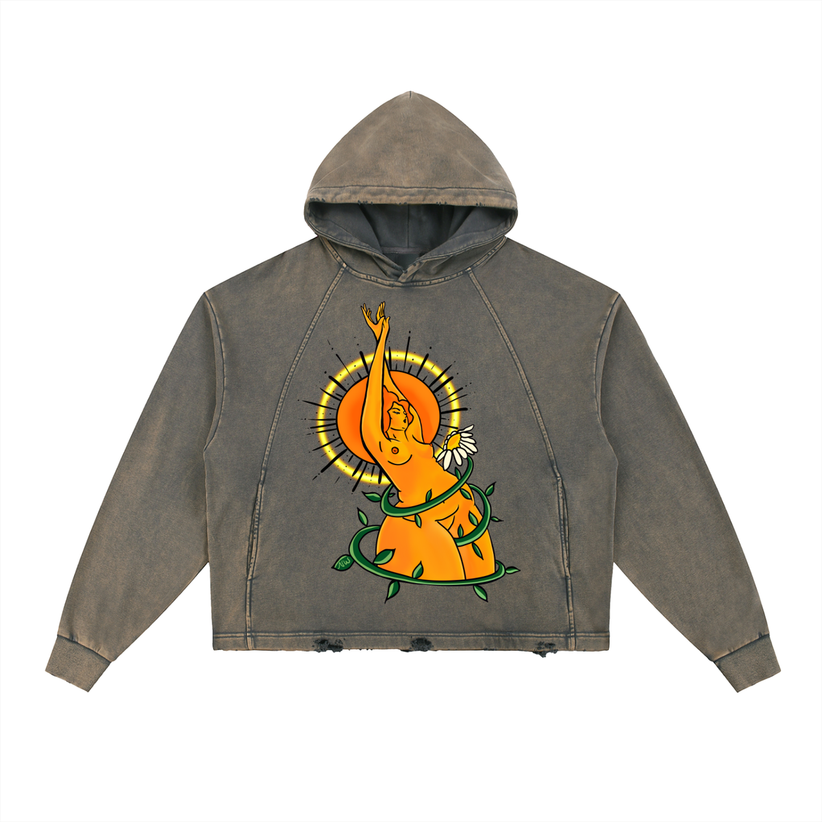 "Solar Power" distressed boxy hoodie by ArtistNatalie, Blue, front view