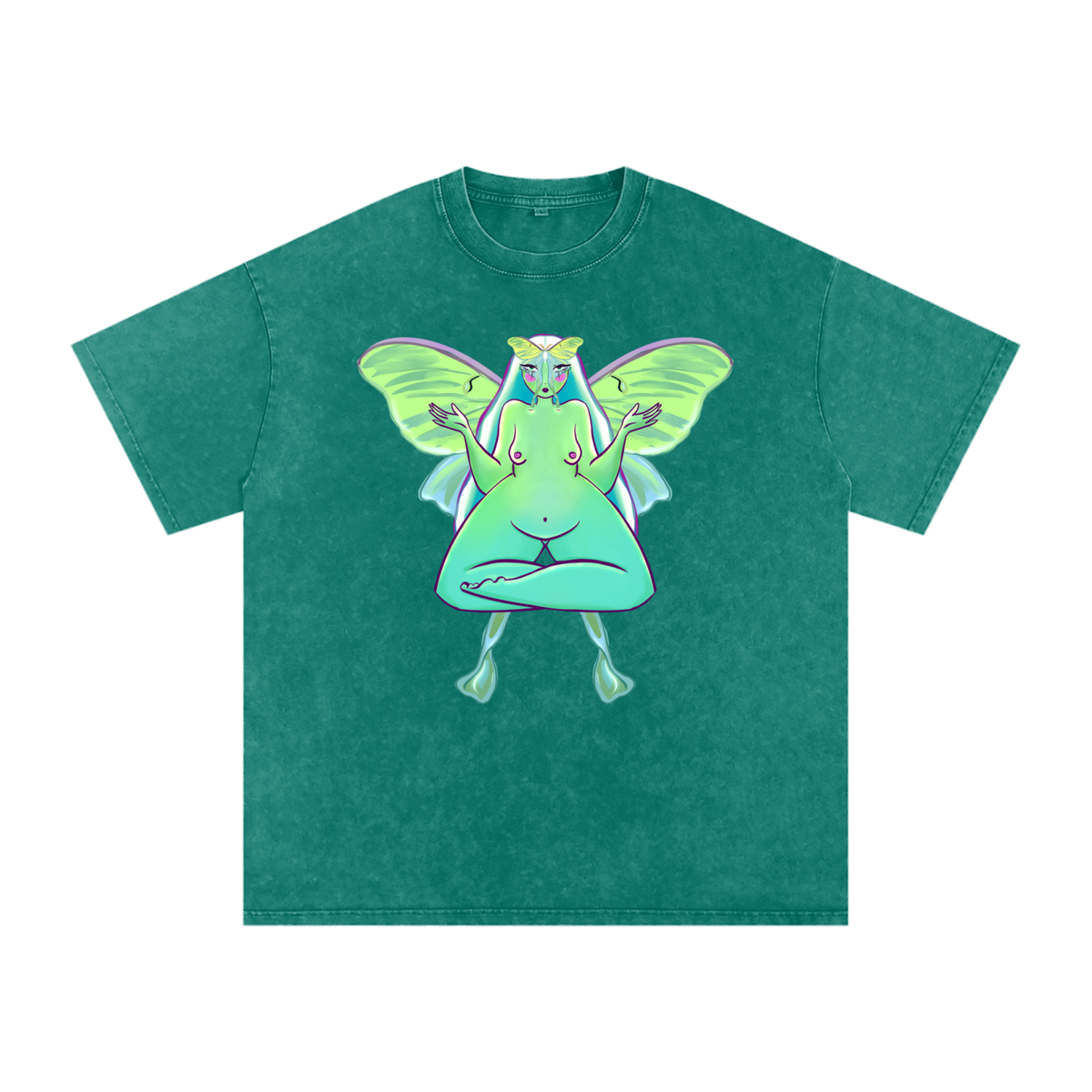 "Luna Moth" acid-washed heavyweight cotton tee by ArtistNatalie, detail view