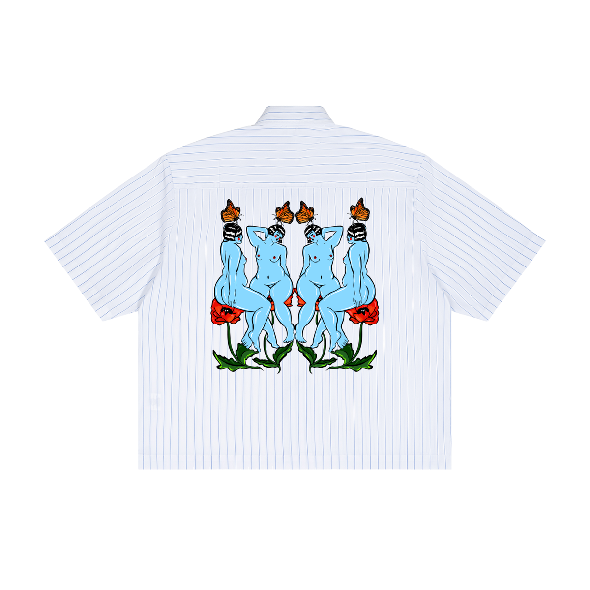 "Rhyme" pinstripe boxy button-up shirt by ArtistNatalie, back view