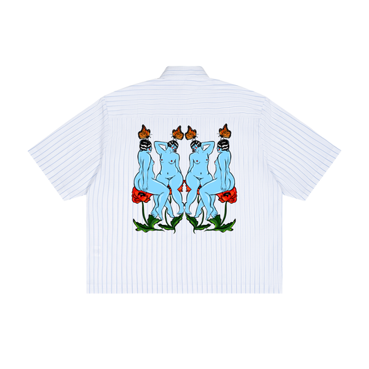 "Rhyme" pinstripe boxy button-up shirt by ArtistNatalie, back view