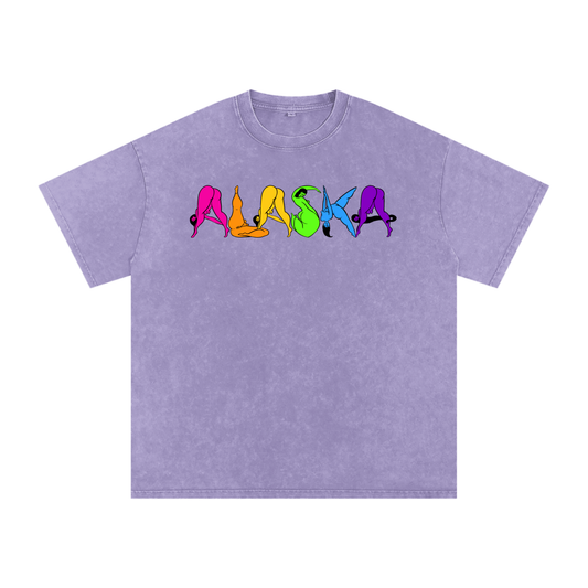 "Rainbow Alaska" acid-washed unisex heavyweight tee by ArtistNatalie, front view