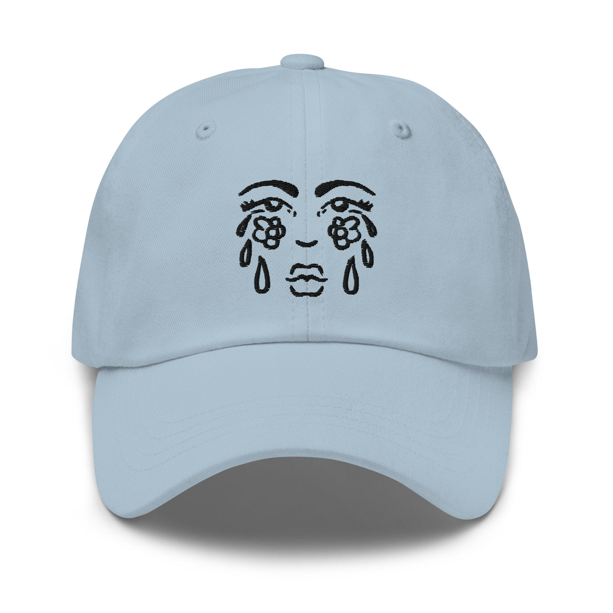 "Cry Face" embroidered dad hat by ArtistNatalie, back view