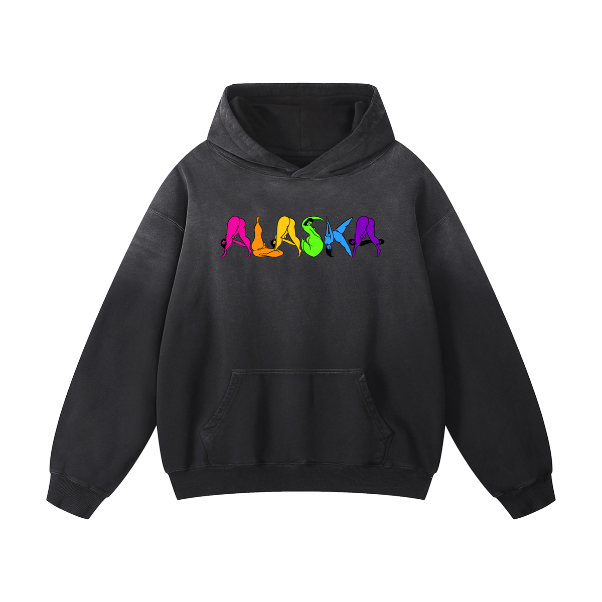 "Rainbow Alaska" heavyweight sunfade hoodie by ArtistNatalie, Black, front view