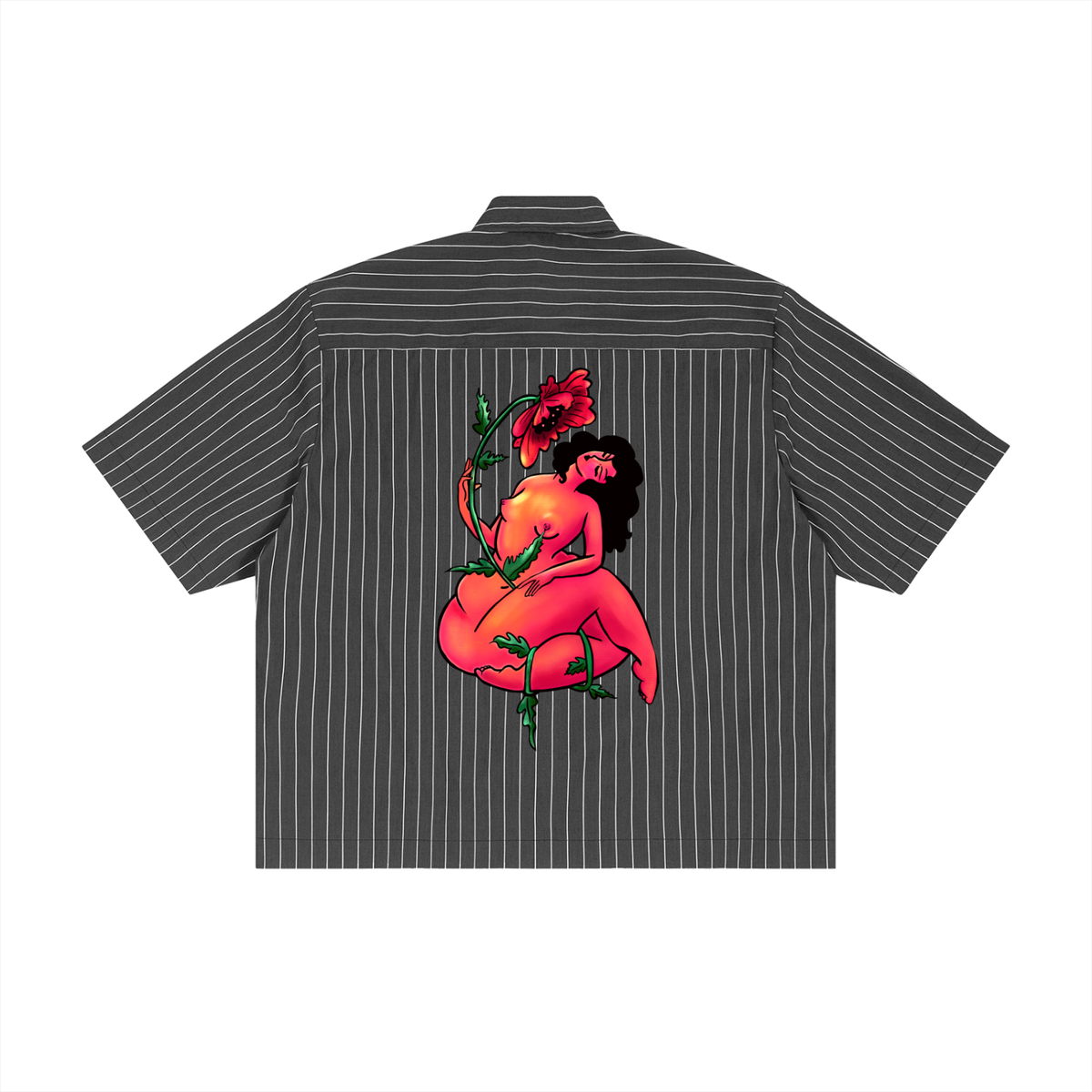 "Romantic with Flowers" pinstripe button-up shirt by ArtistNatalie, back view