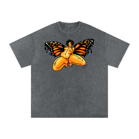 "Take Your Wings And Go" acid-washed cotton tee by ArtistNatalie, front view