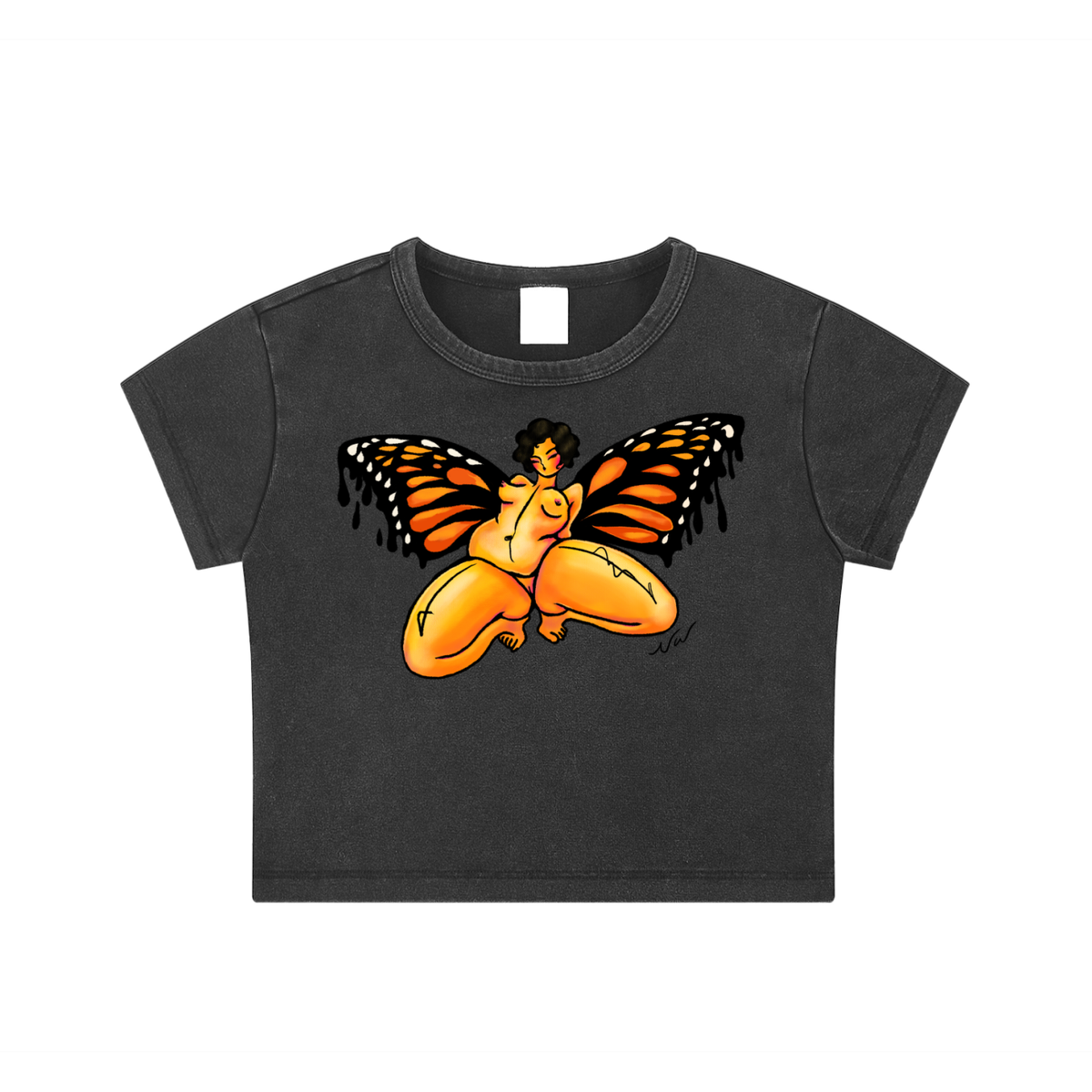 "Take Your Wings and Go" acid-washed crop top by ArtistNatalie, front view