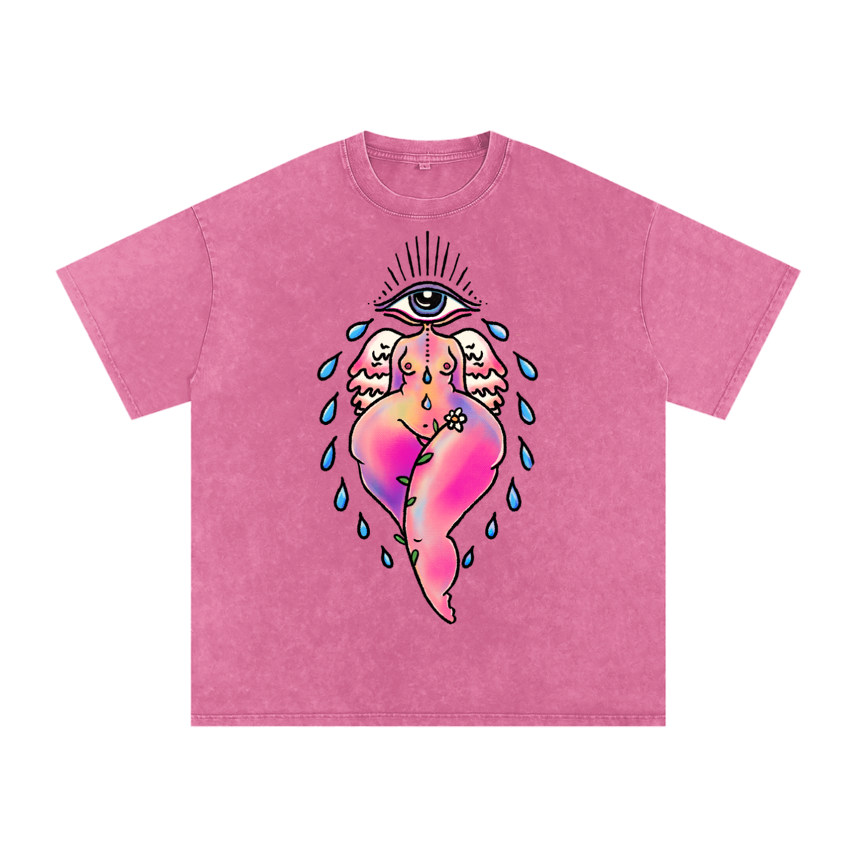 "EyeCon" acid-washed heavyweight cotton tee by ArtistNatalie, detail view
