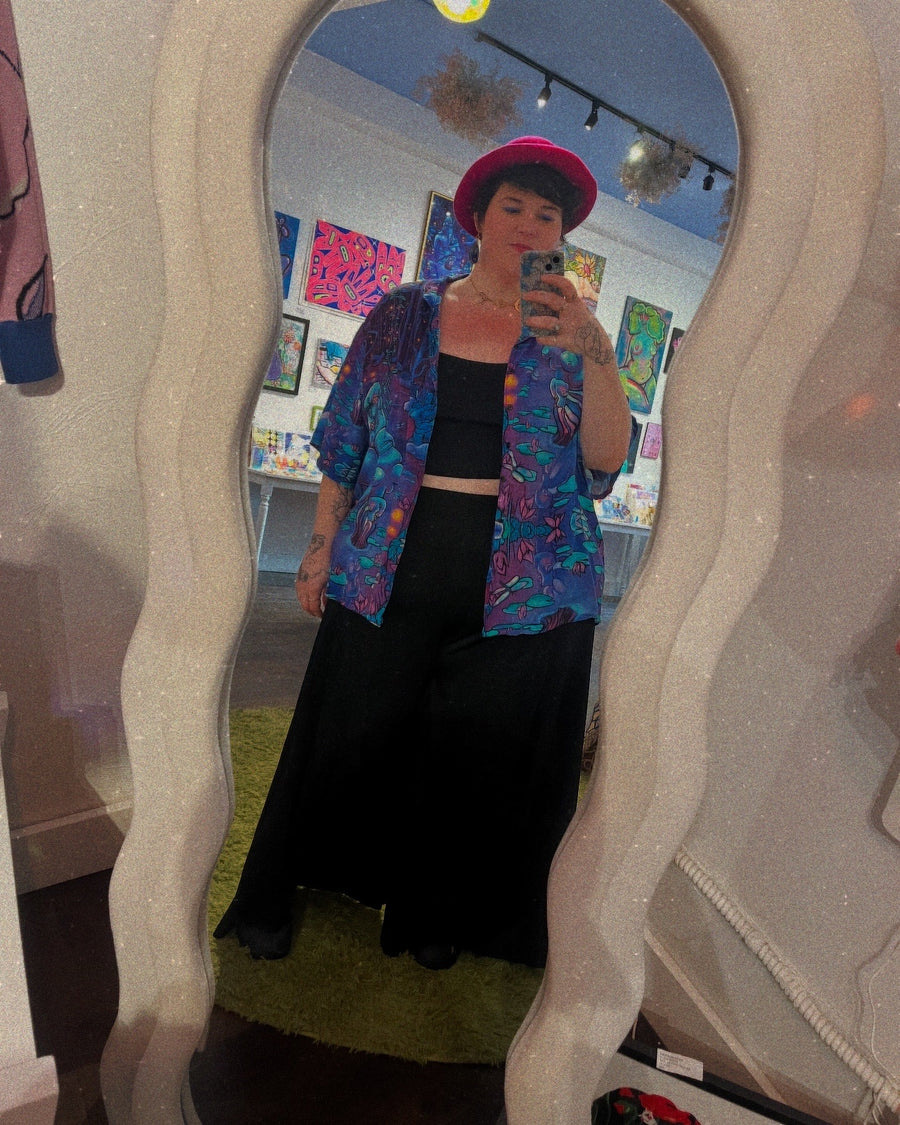 Customer wearing The Softest Thing in the World Rayon Button Up Shirt