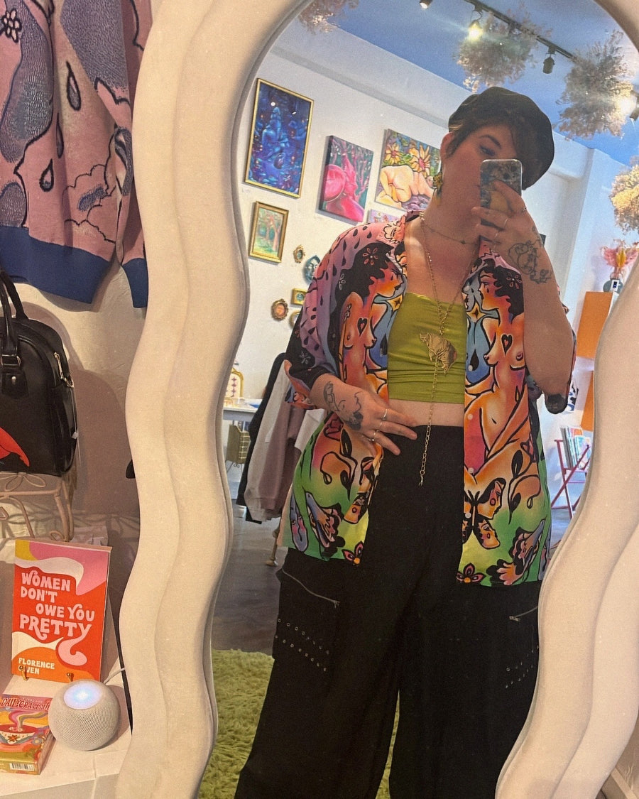 Customer wearing Look Deep Rayon Button Up Shirt