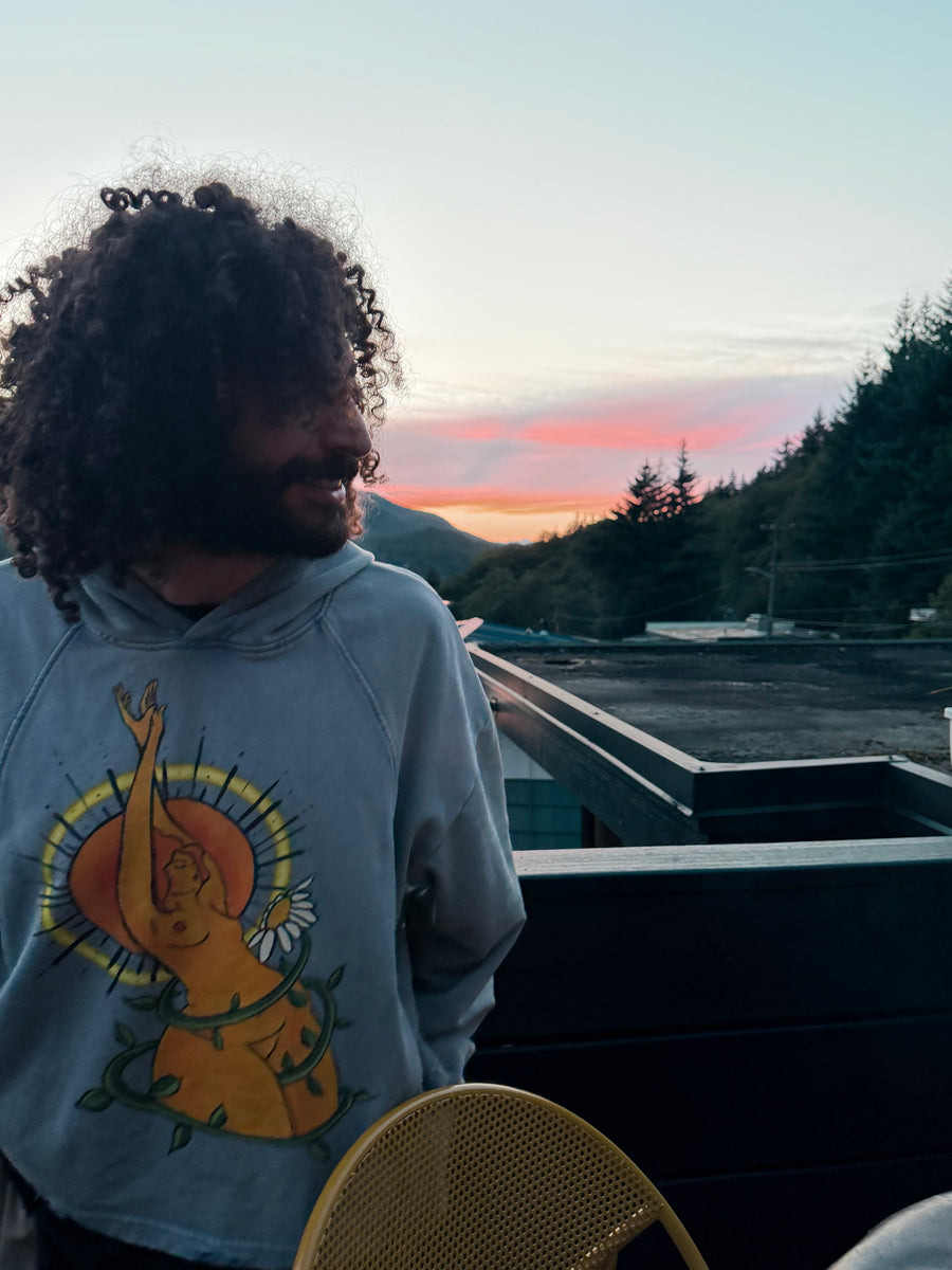 Customer wearing Solar Power Distressed Boxy Hoodie