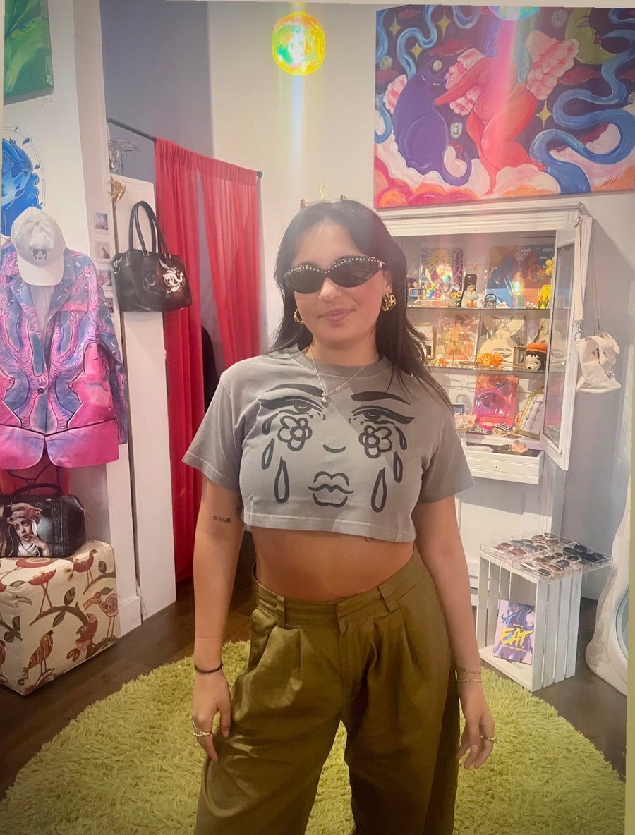 Customer wearing Cry Face Cloudwash Ultra Crop Tee