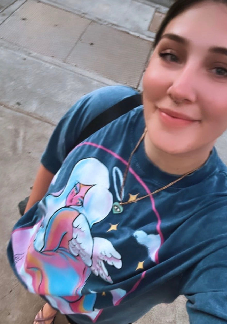 Customer wearing Too Good for This World Acid Washed 100% Cotton T-Shirt