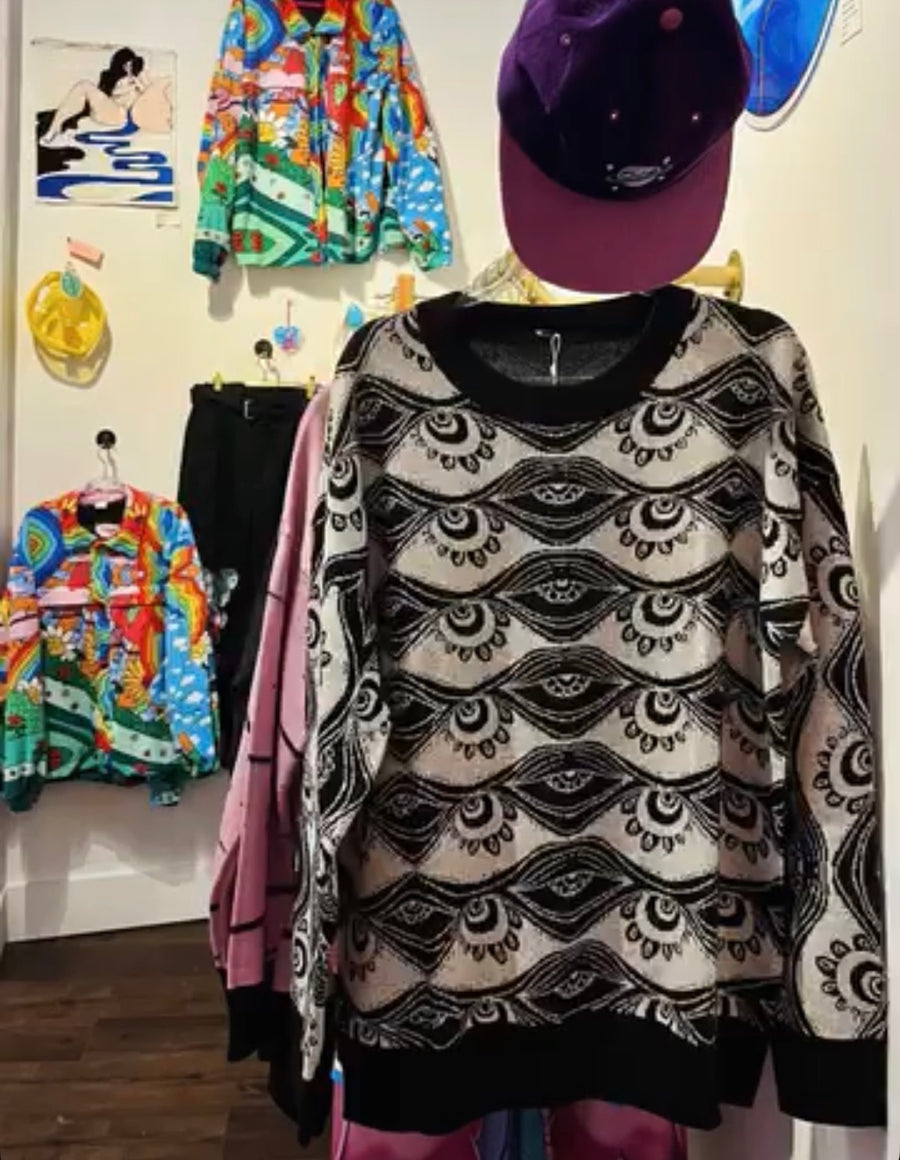 Customer wearing Eyes on Me Woven Sweater