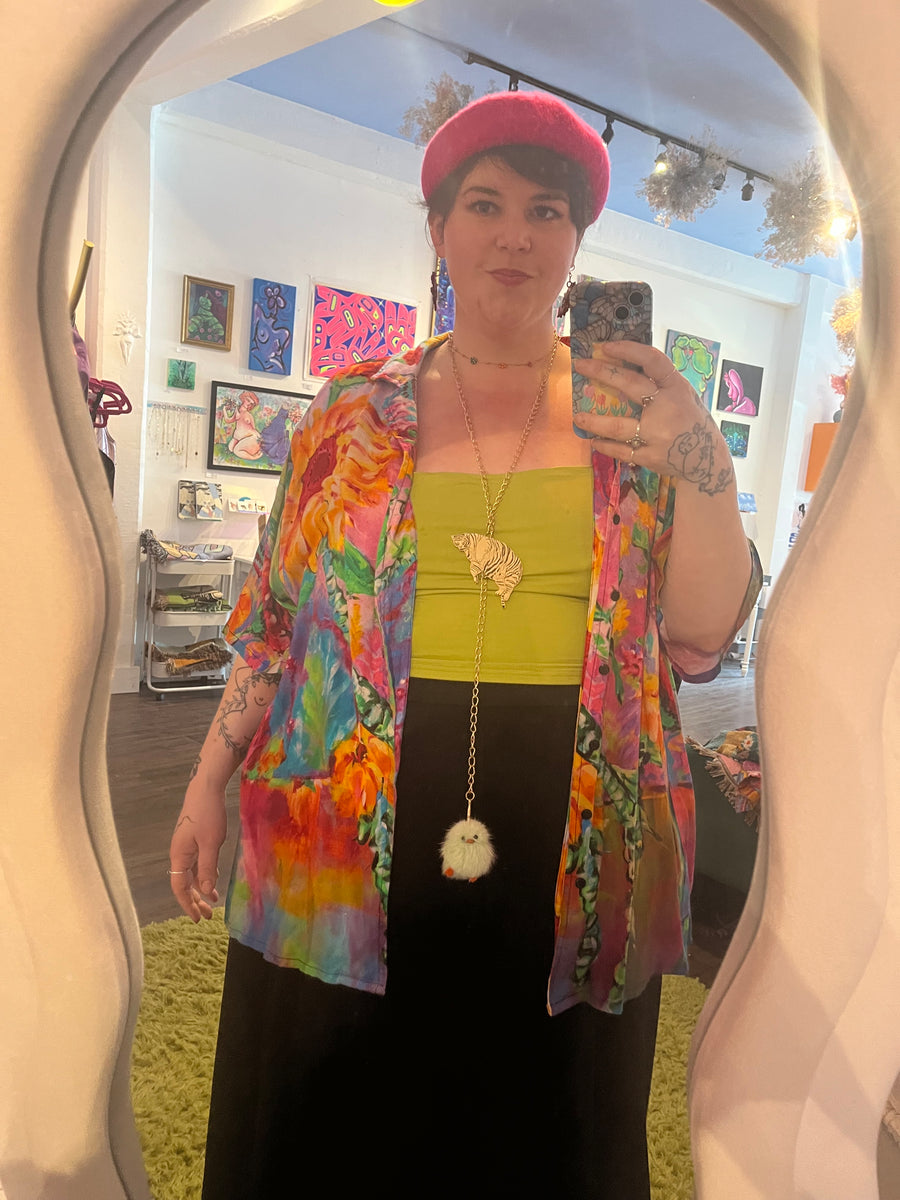 Customer wearing Sunflower Rayon Button Up Shirt