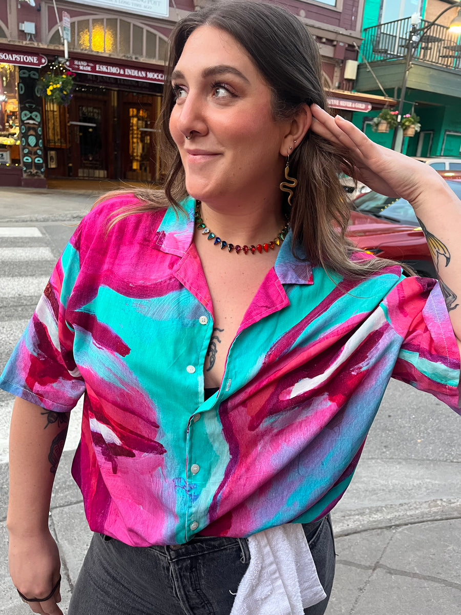 Customer wearing Zoom Out Rayon Button Up Shirt
