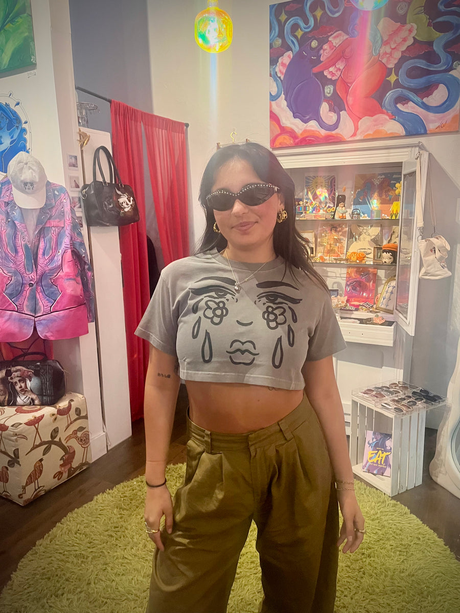 Customer wearing Eye Grow Cloudwash Ultra Crop Tee