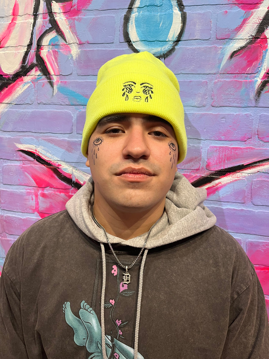 Customer wearing Cry for Flowers Ribbed Knit Beanie in Lime