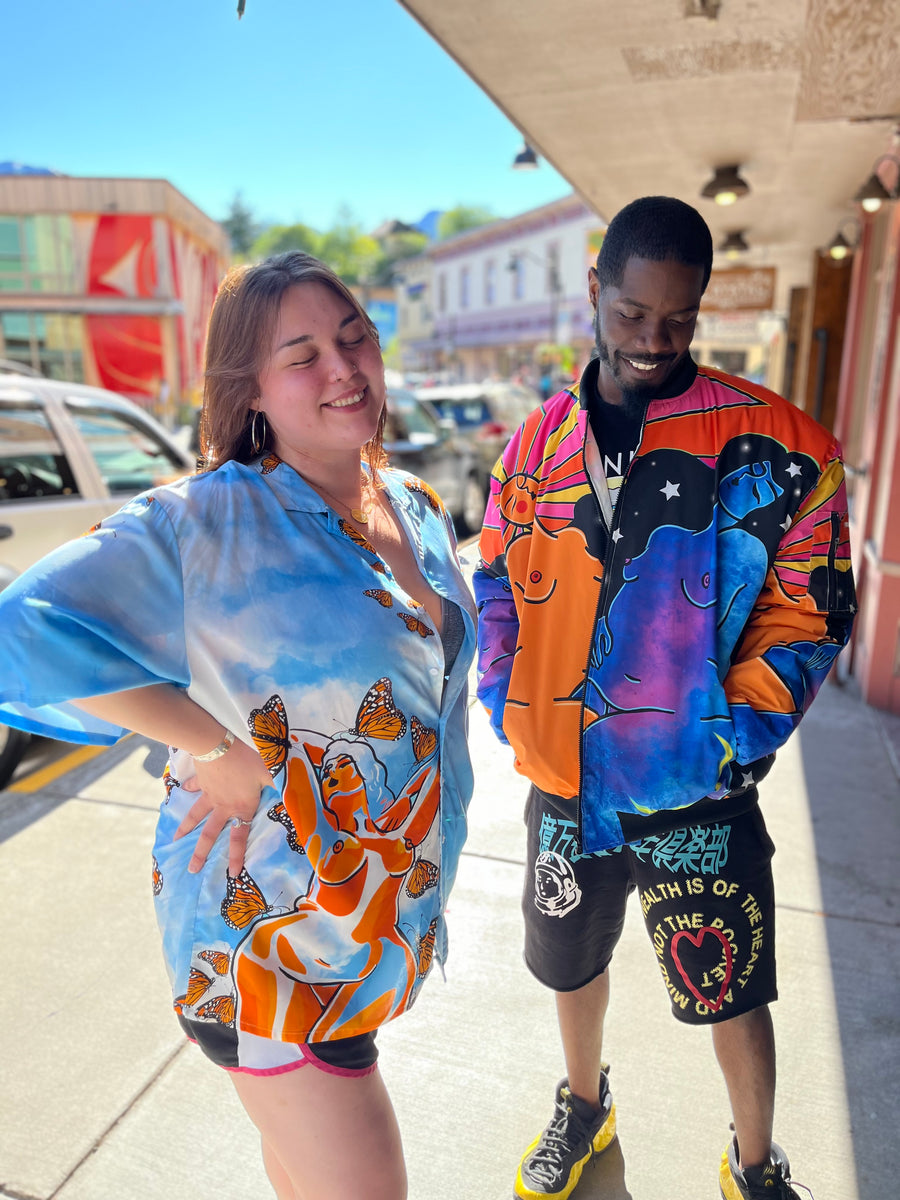 Customer wearing Carried Away Rayon Button Up Shirt