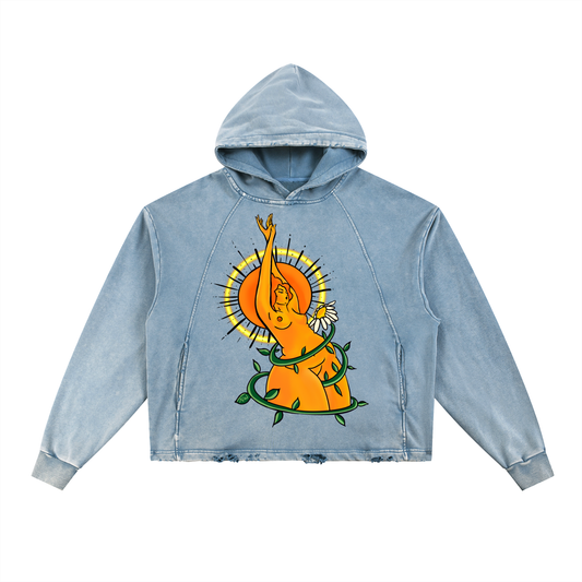 "Solar Power" distressed boxy hoodie by ArtistNatalie, Gray, front view