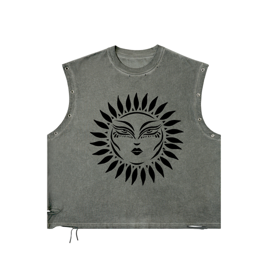 "Sun Face" distressed eyelet tank by ArtistNatalie