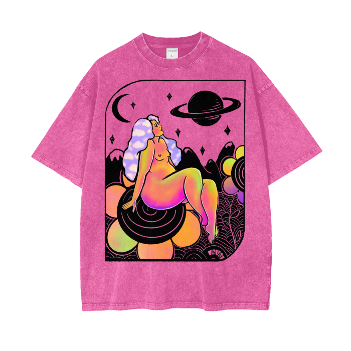 "Cosmic Wonder" acid-washed heavyweight cotton tee by ArtistNatalie, detail view
