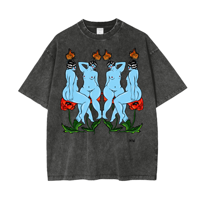 "Rhyme" acid-washed heavyweight cotton tee by ArtistNatalie, front view