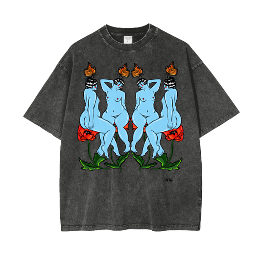 "Rhyme" acid-washed heavyweight cotton tee by ArtistNatalie, front view