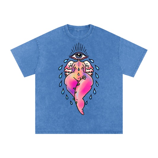 "EyeCon" acid-washed heavyweight cotton tee by ArtistNatalie, front view
