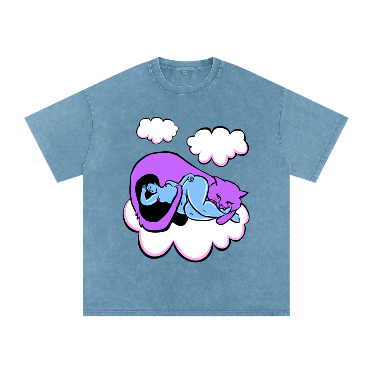 "Cat Nap" acid-washed heavyweight cotton tee by ArtistNatalie, detail view