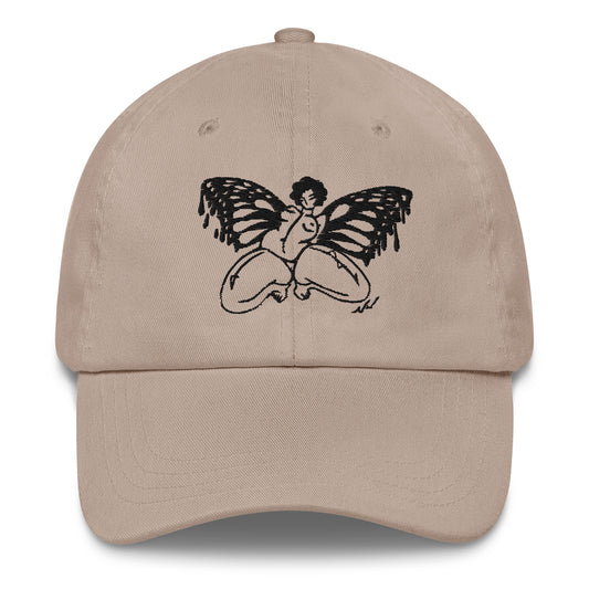 "Take Your Wings And Go" embroidered dad hat by ArtistNatalie, front view