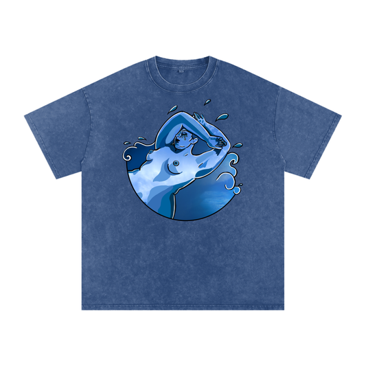"Ride the Wave" acid-washed heavyweight cotton tee by ArtistNatalie, front view