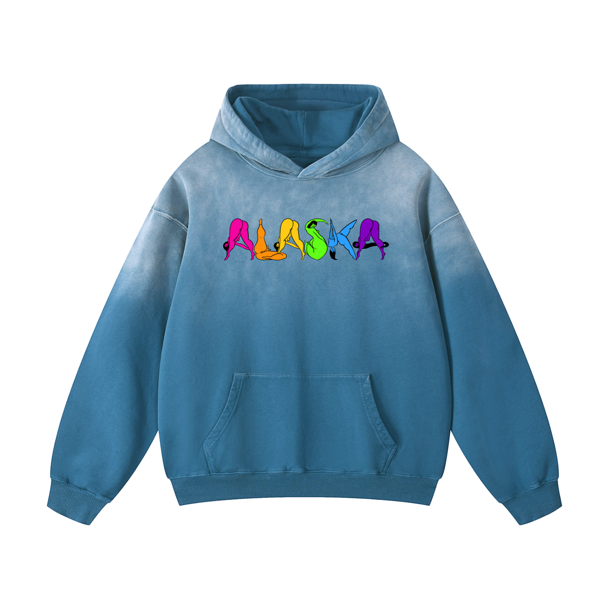 "Rainbow Alaska" heavyweight sunfade hoodie by ArtistNatalie, Jeans Blue, front view