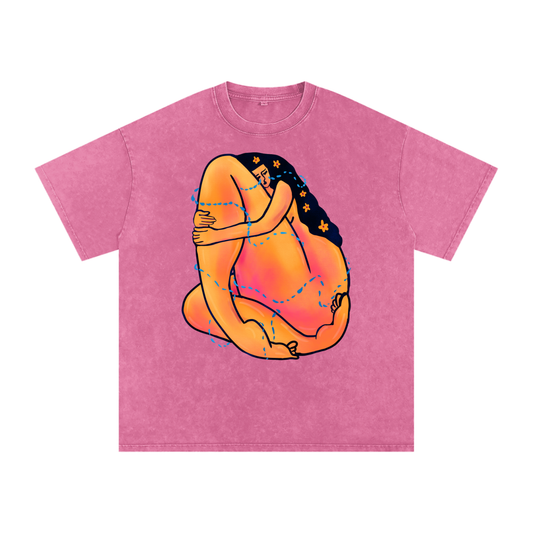 "Give Yourself A Hug" acid-washed heavyweight cotton tee by ArtistNatalie, front view
