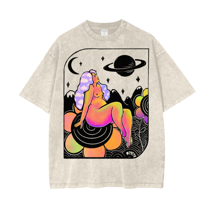 "Cosmic Wonder" acid-washed heavyweight cotton tee by ArtistNatalie, front view