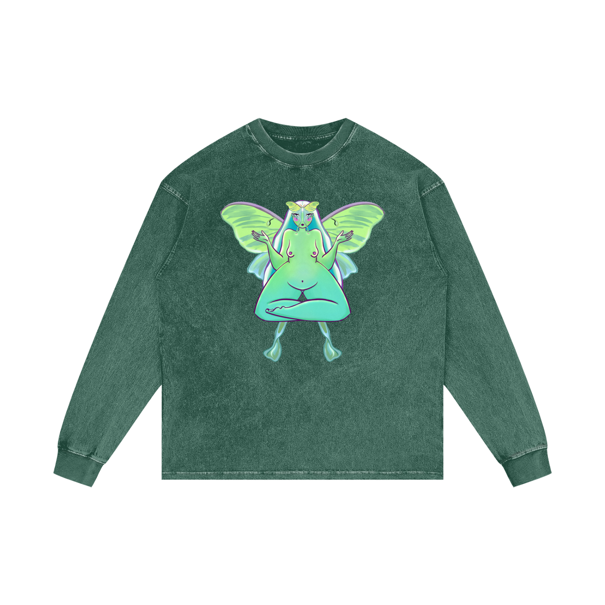 "Luna Moth" acid washed cotton long sleeve tee by ArtistNatalie
