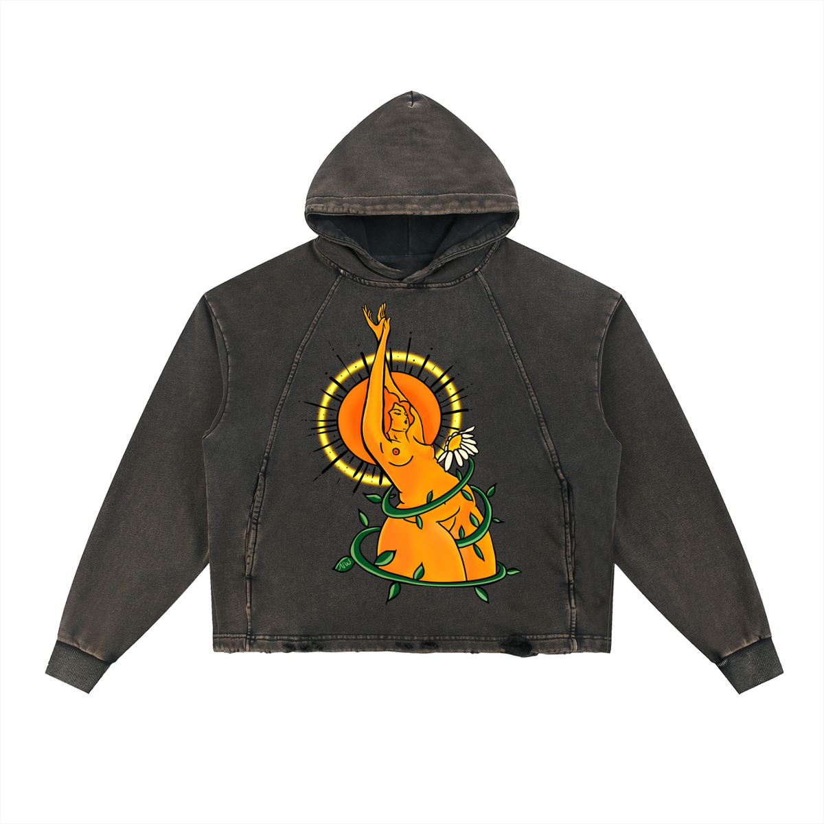 "Solar Power" distressed boxy hoodie by ArtistNatalie, Black, front view