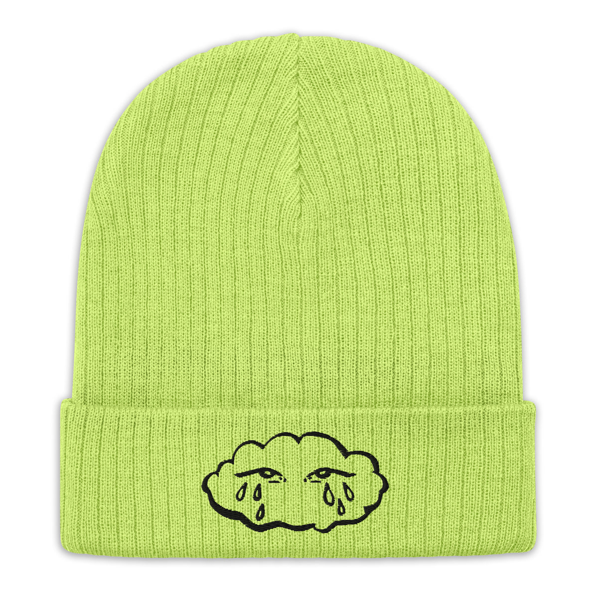 "70% Cloud" ribbed knit beanie by ArtistNatalie, front view